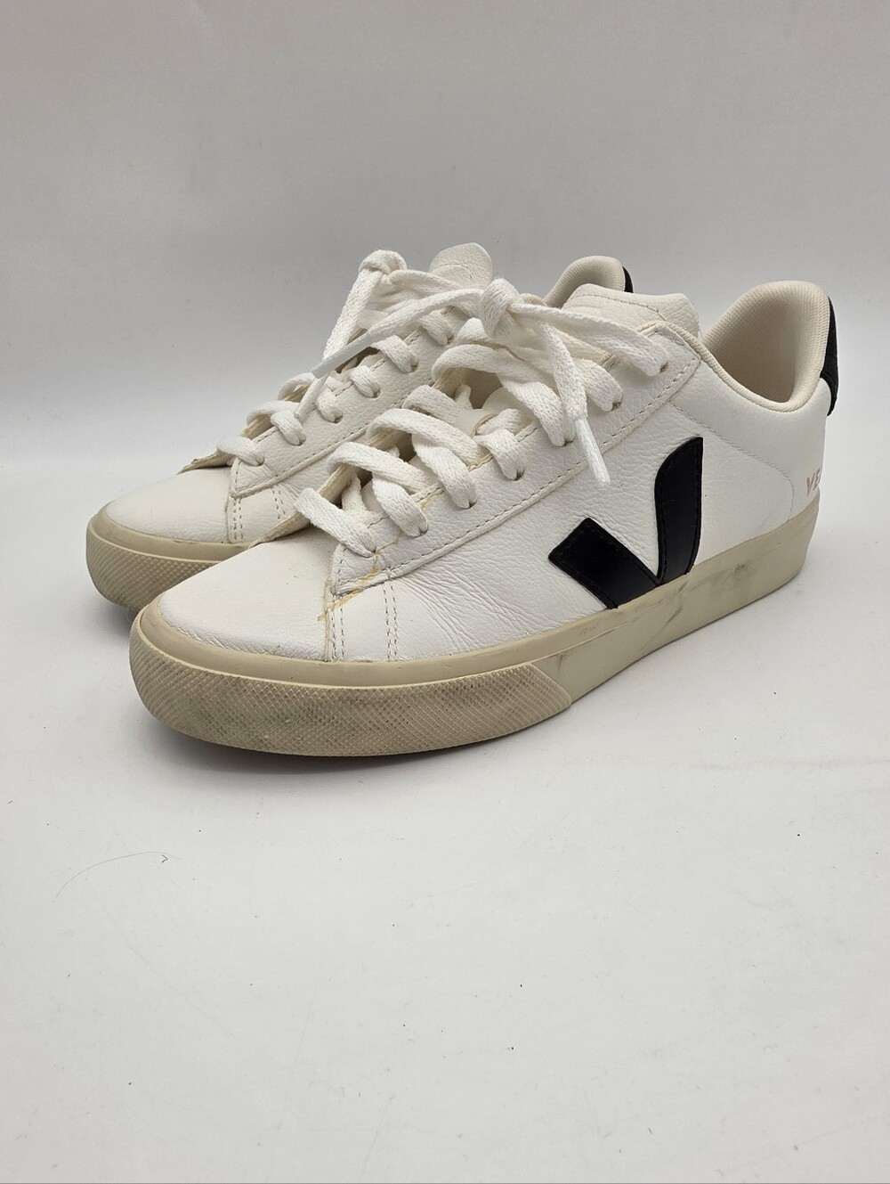 Veja White Leather Sneakers with Black V Logo Women 7.5
